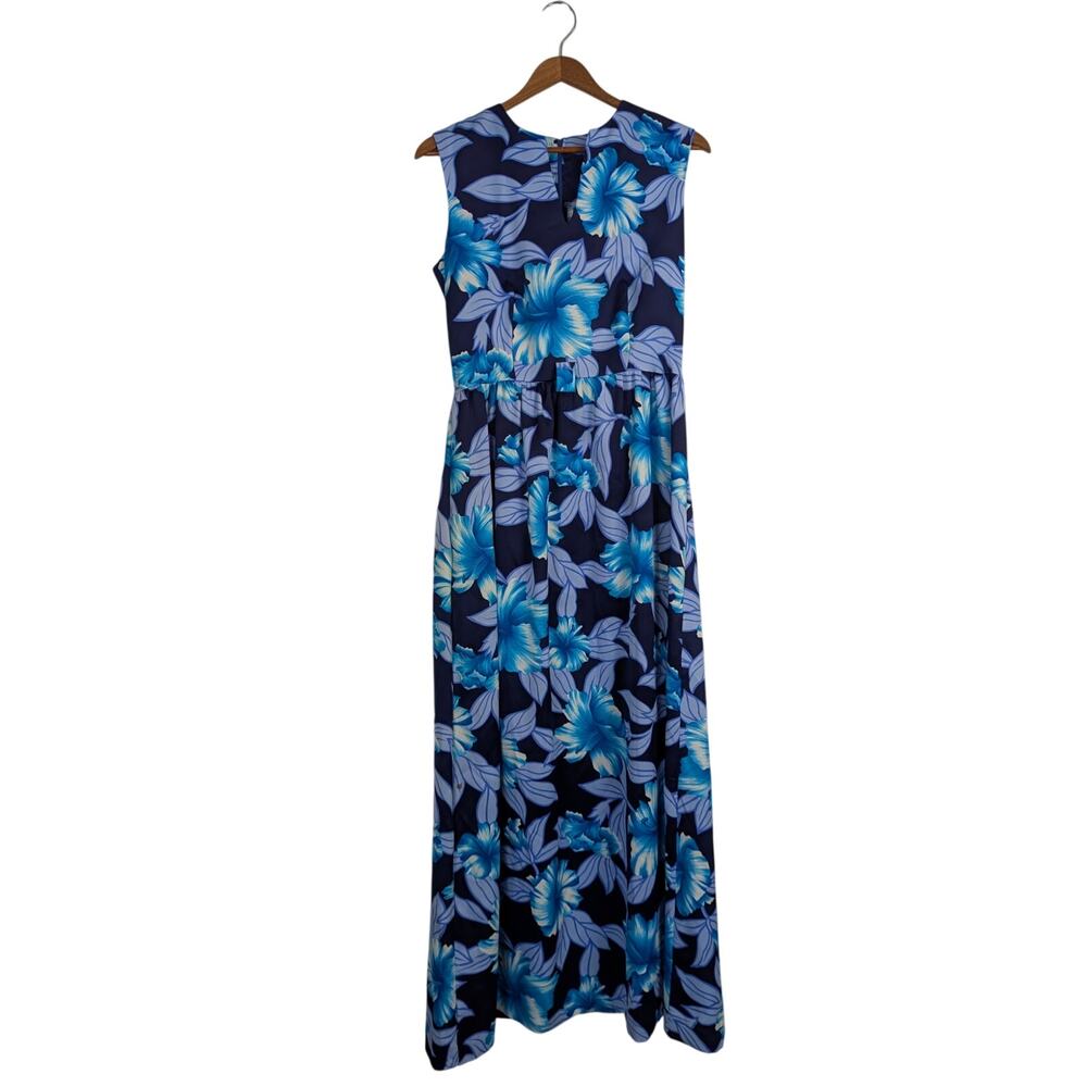 Vtg Pomare Hawaiian Maxi Dress Blue Hibiscus Tropical Floral Resort Womens 8